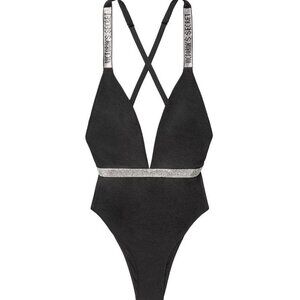 Victoria Secret Small S Shine Strap Plunge One Piece Swimsuit Bikini LOGO Black